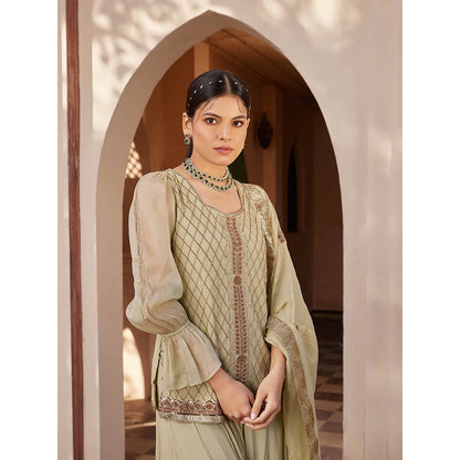 House of Supriya Pista Green Embroidered Kurta & Sharara with Dupatta (Set of 3)