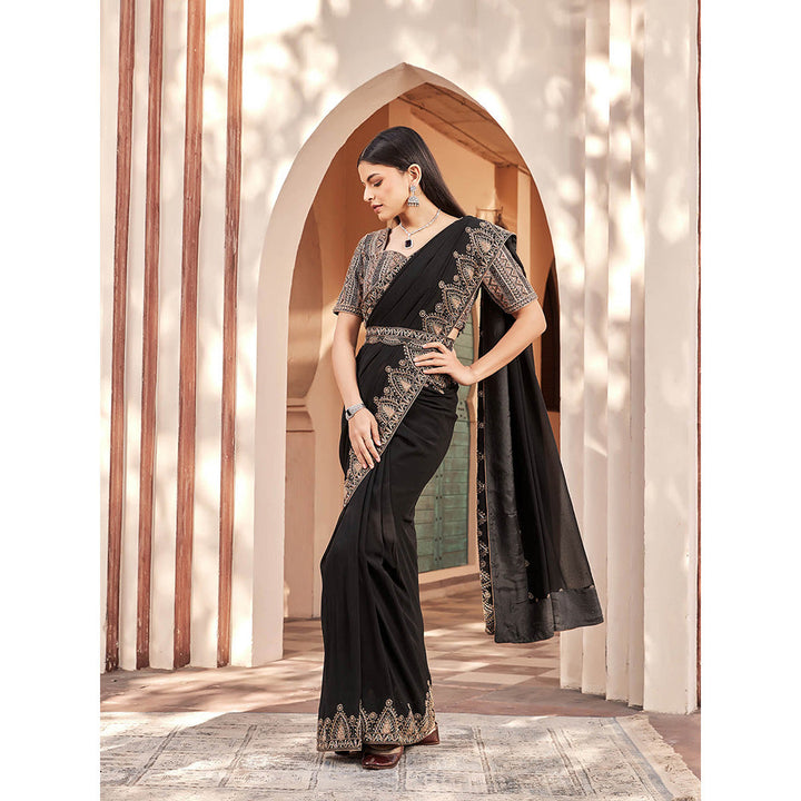 House of Supriya Black Embroidered Georgette Saree with Stitched Blouse