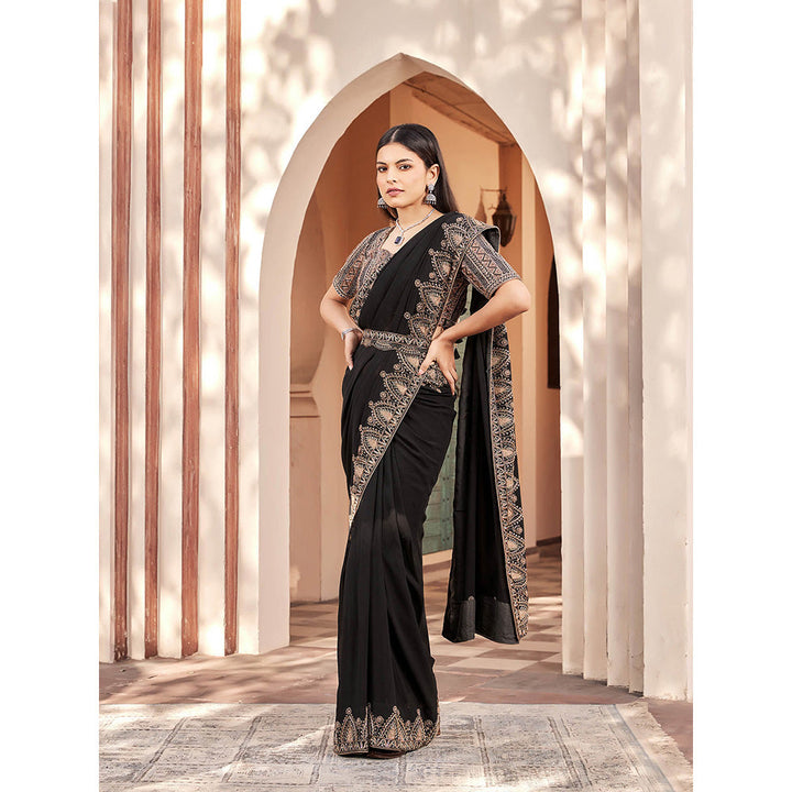 House of Supriya Black Embroidered Georgette Saree with Stitched Blouse