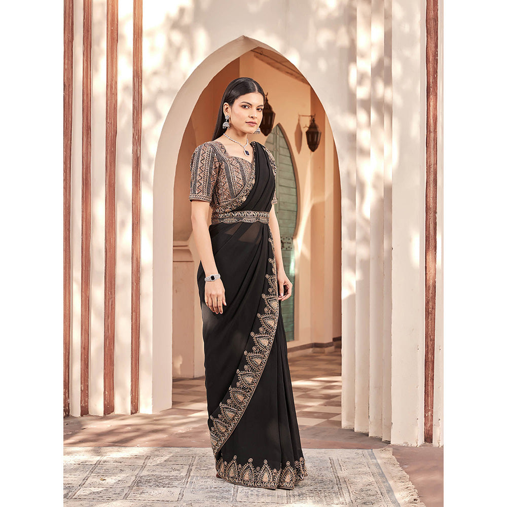 House of Supriya Black Embroidered Georgette Saree with Stitched Blouse