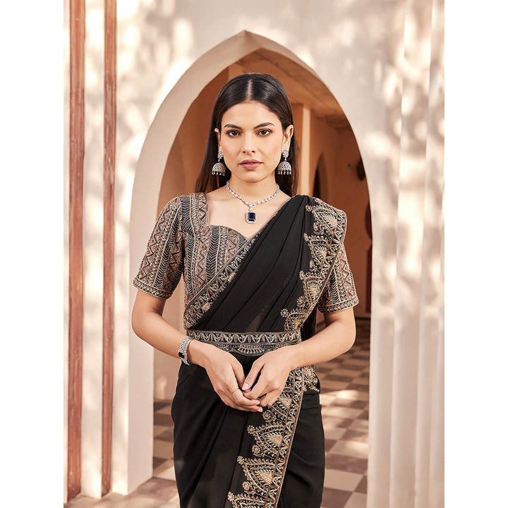 House of Supriya Black Embroidered Georgette Saree with Stitched Blouse