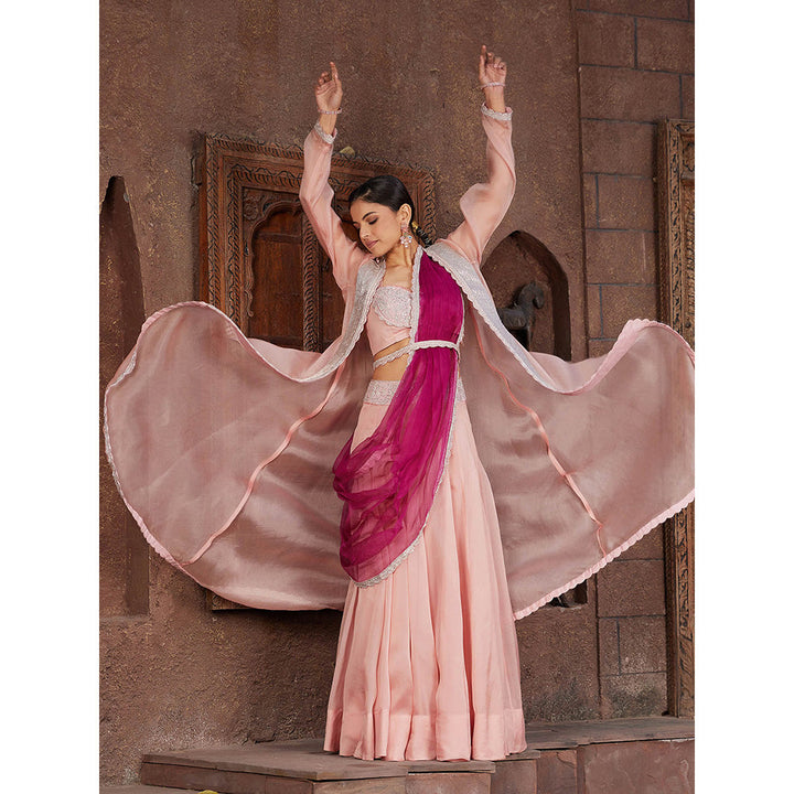 House of Supriya Peach Organza Lehenga-Stitched Blouse with Shrug & Dupatta (Set of 4)