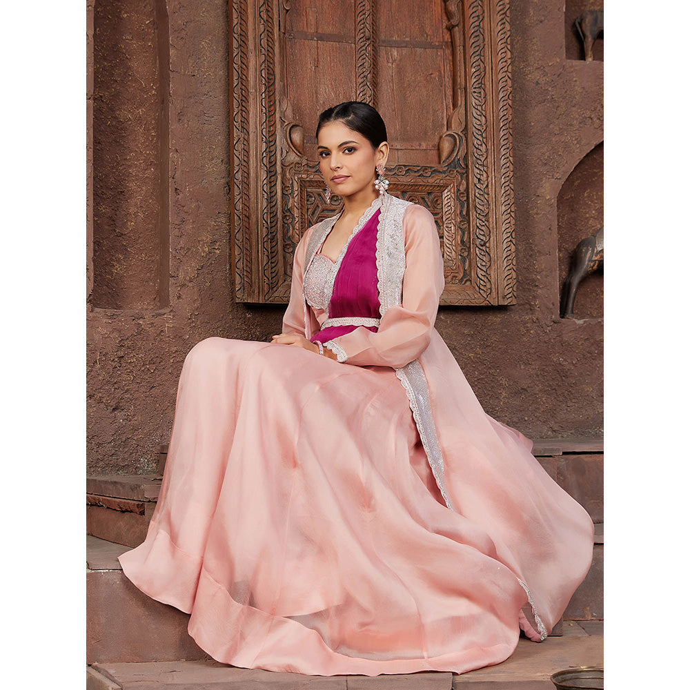 House of Supriya Peach Organza Lehenga-Stitched Blouse with Shrug & Dupatta (Set of 4)