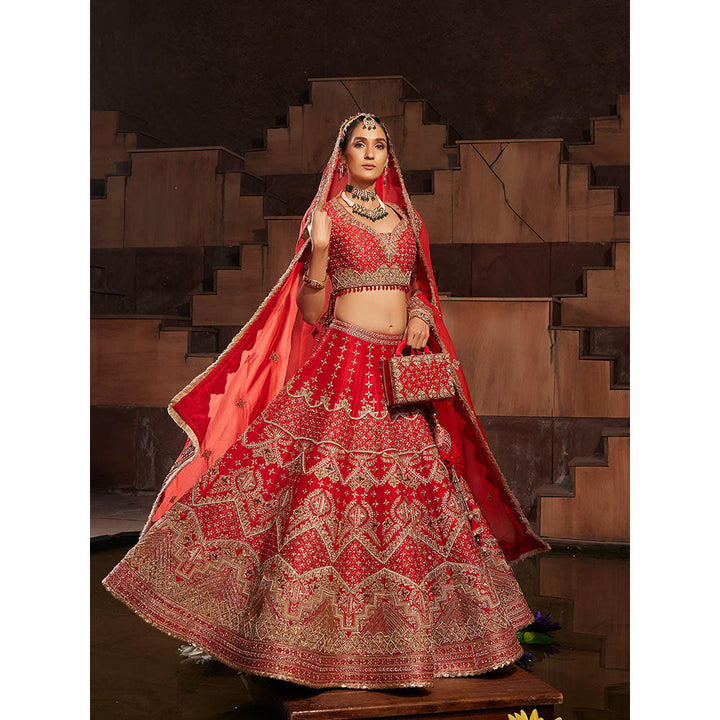 House of Supriya Red Bridal Raw Silk Lehenga with Stitched Blouse & Dupatta (Set of 3)