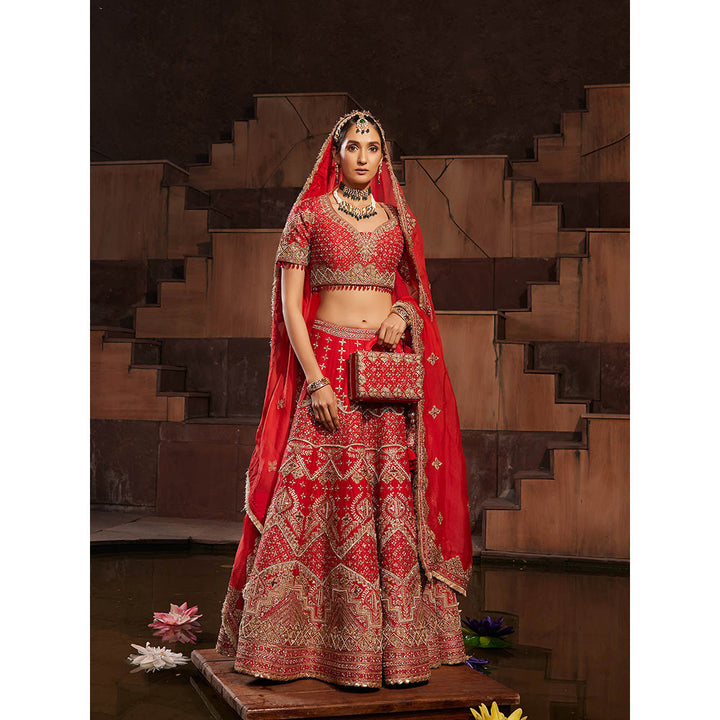 House of Supriya Red Bridal Raw Silk Lehenga with Stitched Blouse & Dupatta (Set of 3)