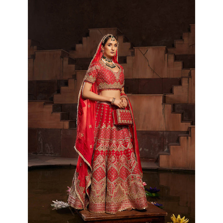 House of Supriya Red Bridal Raw Silk Lehenga with Stitched Blouse & Dupatta (Set of 3)