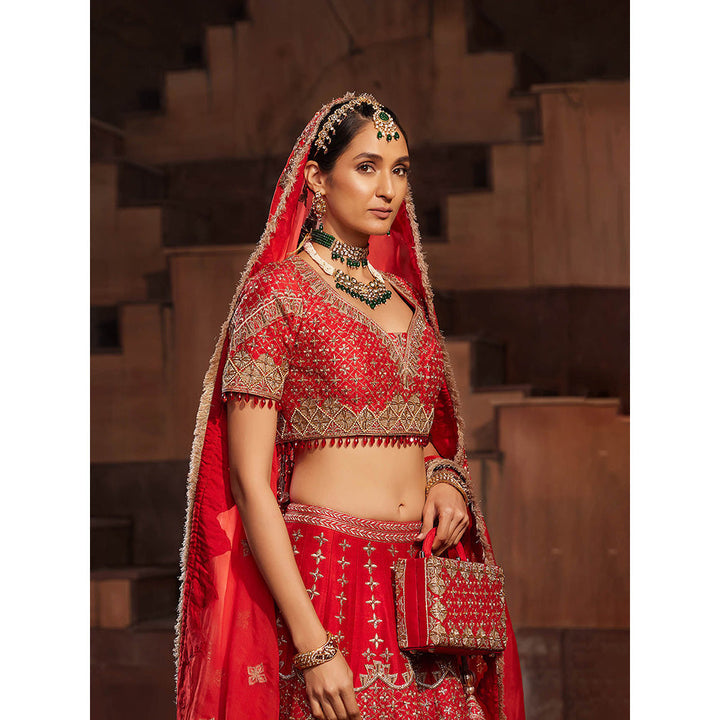 House of Supriya Red Bridal Raw Silk Lehenga with Stitched Blouse & Dupatta (Set of 3)