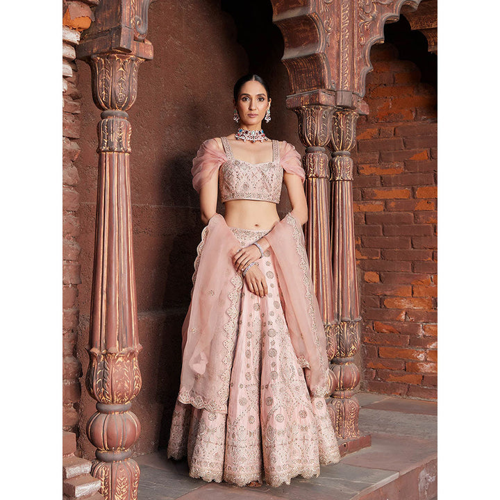 House of Supriya Peach Embroidered Raw Silk Lehenga with Stitched Blouse & Dupatta (Set of 3)