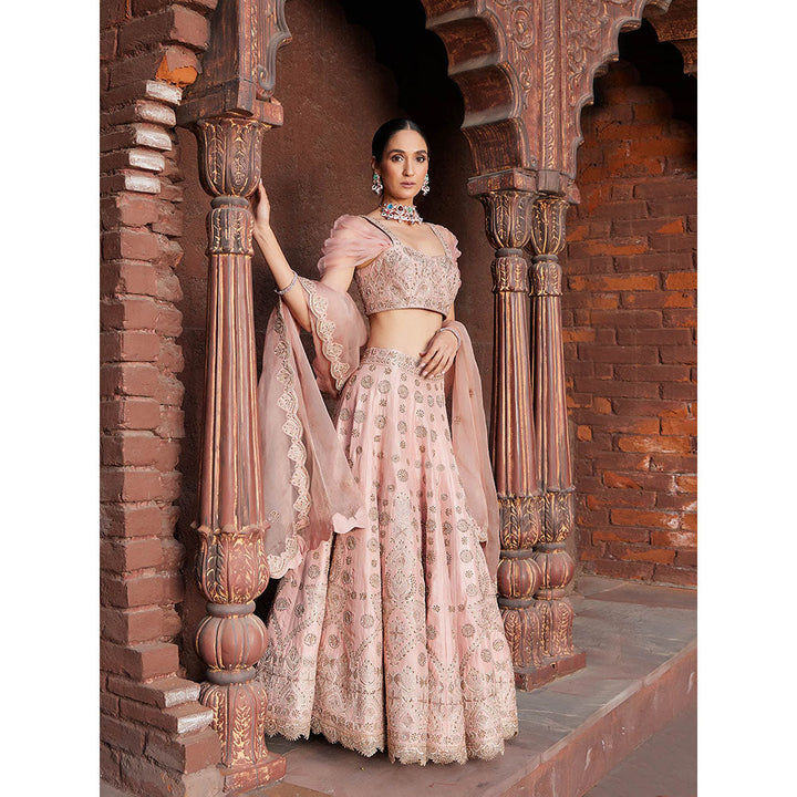 House of Supriya Peach Embroidered Raw Silk Lehenga with Stitched Blouse & Dupatta (Set of 3)