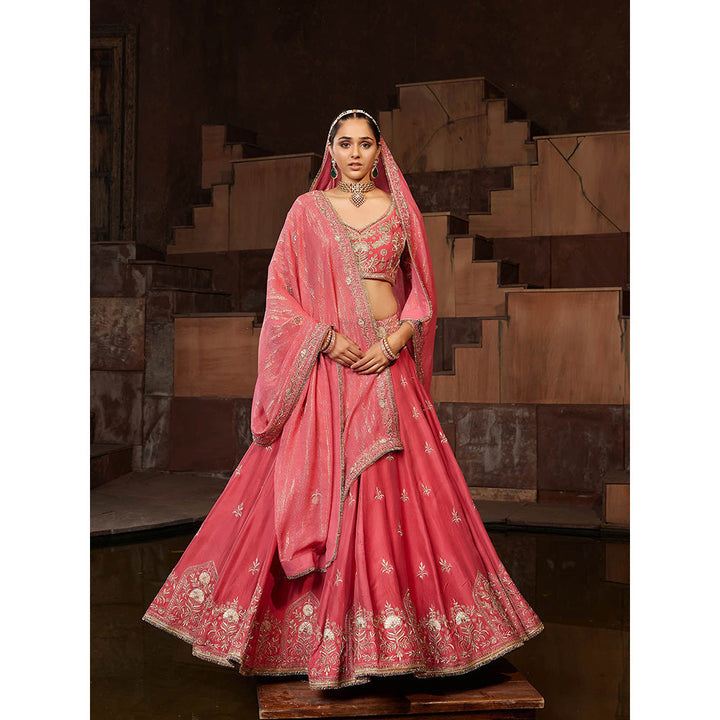 House of Supriya Red Embroidered Raw Silk Lehenga with Stitched Blouse & Dupatta (Set of 3)