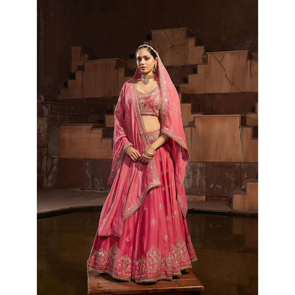 House of Supriya Red Embroidered Raw Silk Lehenga with Stitched Blouse & Dupatta (Set of 3)