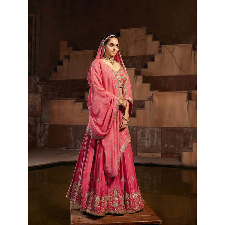 House of Supriya Red Embroidered Raw Silk Lehenga with Stitched Blouse & Dupatta (Set of 3)