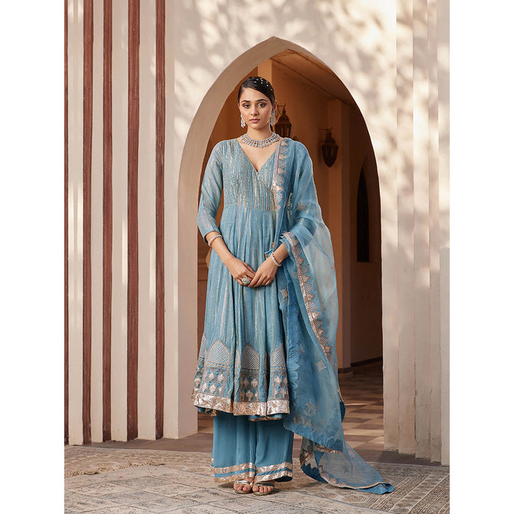 House of Supriya Blue Shimmer Georgette Angarkha Kurta with Sharara & Dupatta (Set of 3)