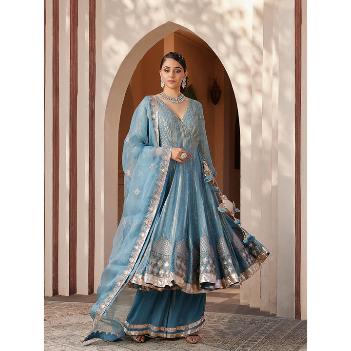 House of Supriya Blue Shimmer Georgette Angarkha Kurta with Sharara & Dupatta (Set of 3)