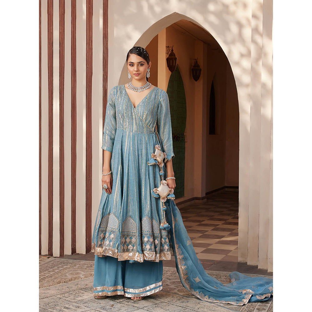 House of Supriya Blue Shimmer Georgette Angarkha Kurta with Sharara & Dupatta (Set of 3)