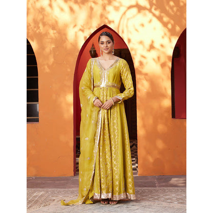 House of Supriya Mustard Embellished Raw Silk Anarkali Kurta with Pant & Dupatta (Set of 3)