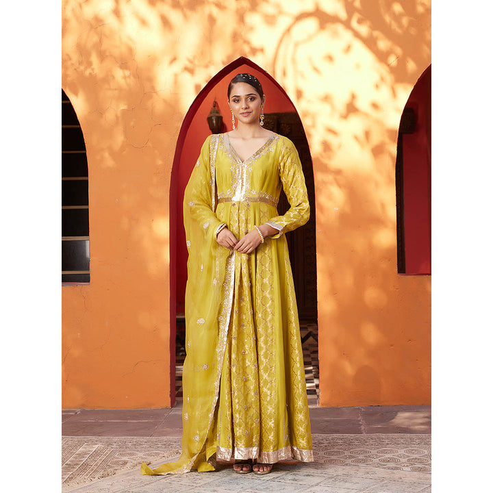 House of Supriya Mustard Embellished Raw Silk Anarkali Kurta with Pant & Dupatta (Set of 3)