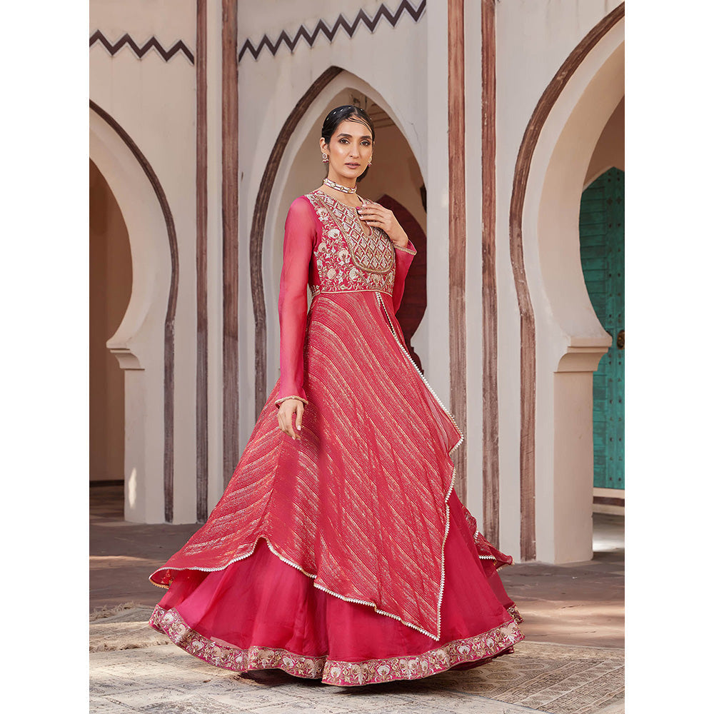 House of Supriya Red Embellished Raw Silk Gown