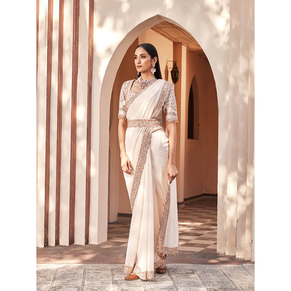 House of Supriya White Embellished Silk Georgette Saree with Stitched Blouse