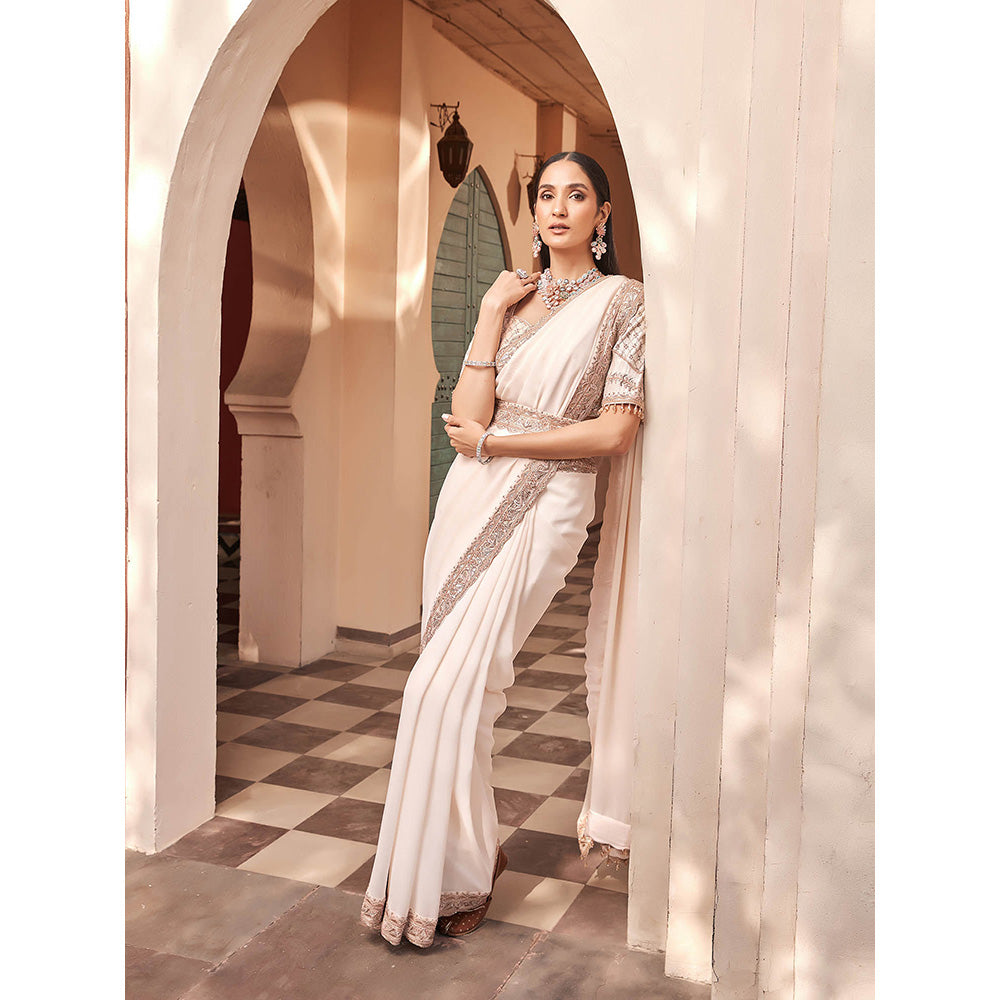 House of Supriya White Embellished Silk Georgette Saree with Stitched Blouse