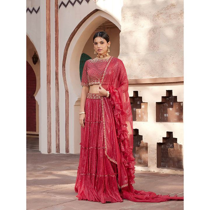 House of Supriya Red Shimmer Layered Lehenga with Stitched Blouse & Dupatta (Set of 3)