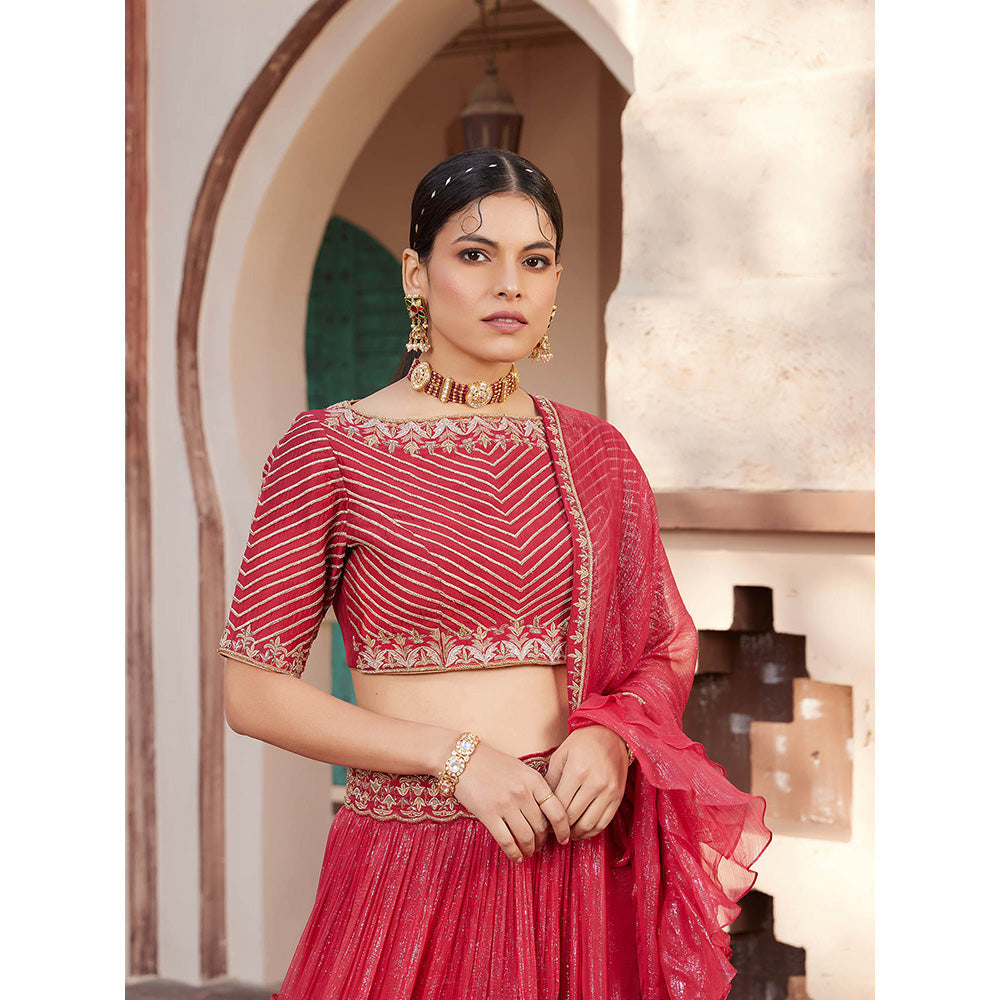 House of Supriya Red Shimmer Layered Lehenga with Stitched Blouse & Dupatta (Set of 3)