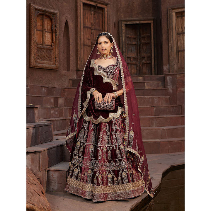 House of Supriya Maroon Embroidered Velvet Lehenga & Stitched Blouse with Dupatta (Set of 4)