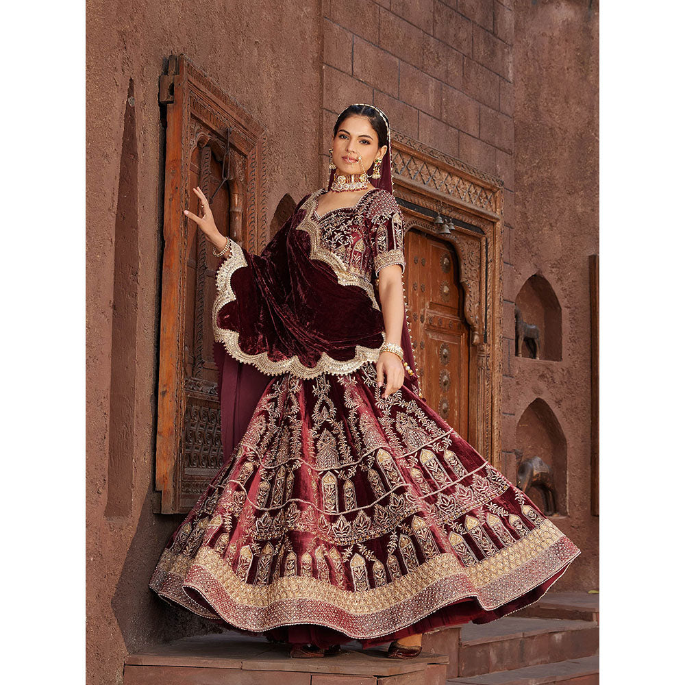 House of Supriya Maroon Embroidered Velvet Lehenga & Stitched Blouse with Dupatta (Set of 4)