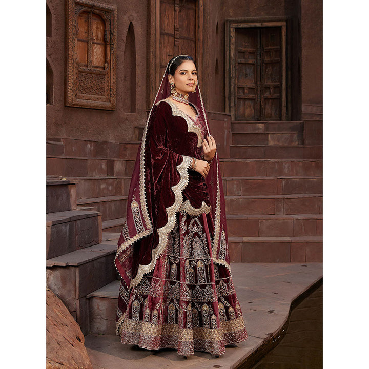 House of Supriya Maroon Embroidered Velvet Lehenga & Stitched Blouse with Dupatta (Set of 4)