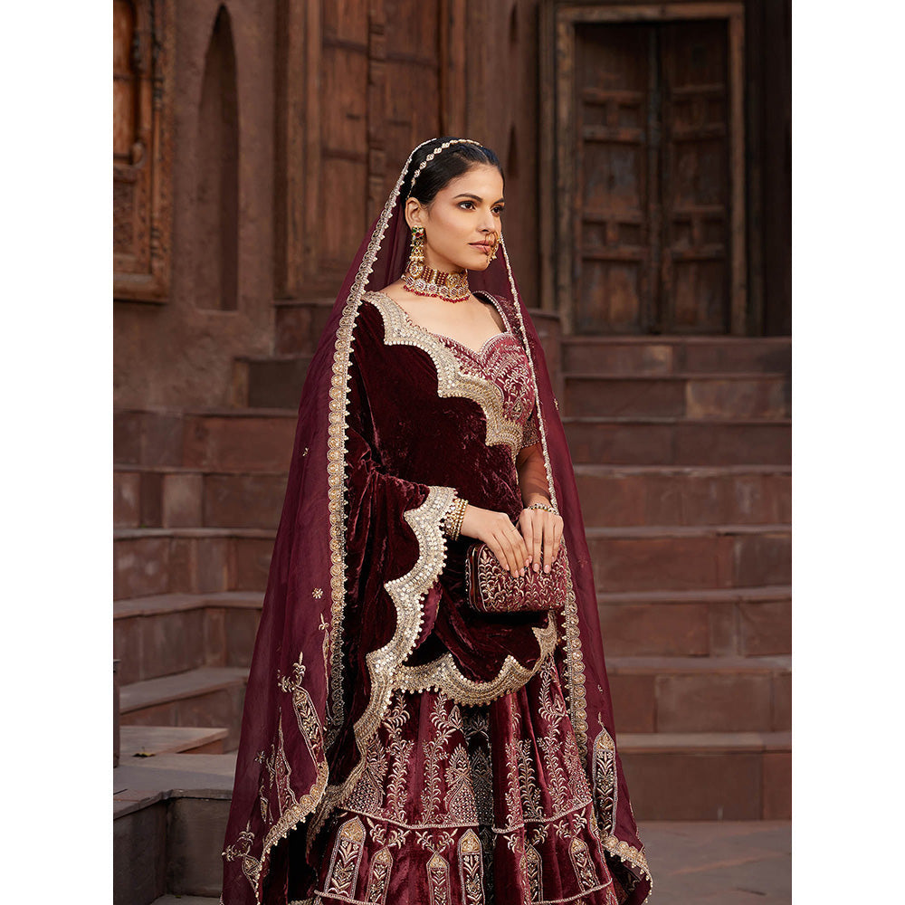 House of Supriya Maroon Embroidered Velvet Lehenga & Stitched Blouse with Dupatta (Set of 4)