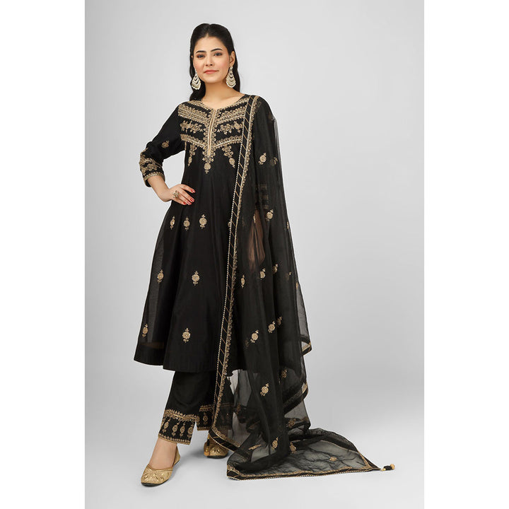 House of Supriya Black Embroidered Silk Chanderi Anarkali Kurta with Pant & Dupatta (Set of 3)