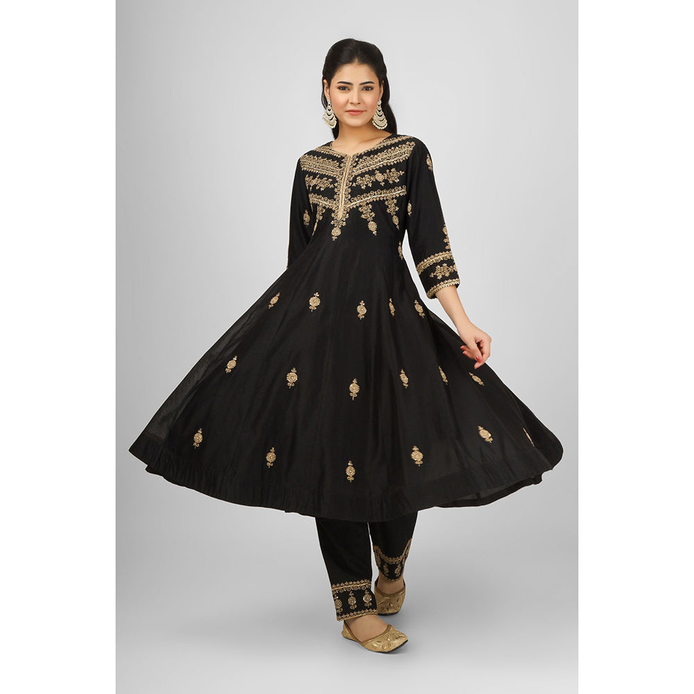 House of Supriya Black Embroidered Silk Chanderi Anarkali Kurta with Pant & Dupatta (Set of 3)