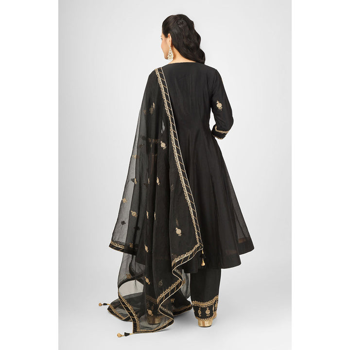 House of Supriya Black Embroidered Silk Chanderi Anarkali Kurta with Pant & Dupatta (Set of 3)