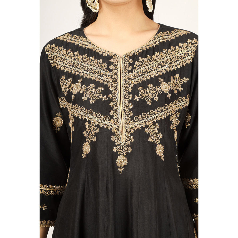 House of Supriya Black Embroidered Silk Chanderi Anarkali Kurta with Pant & Dupatta (Set of 3)