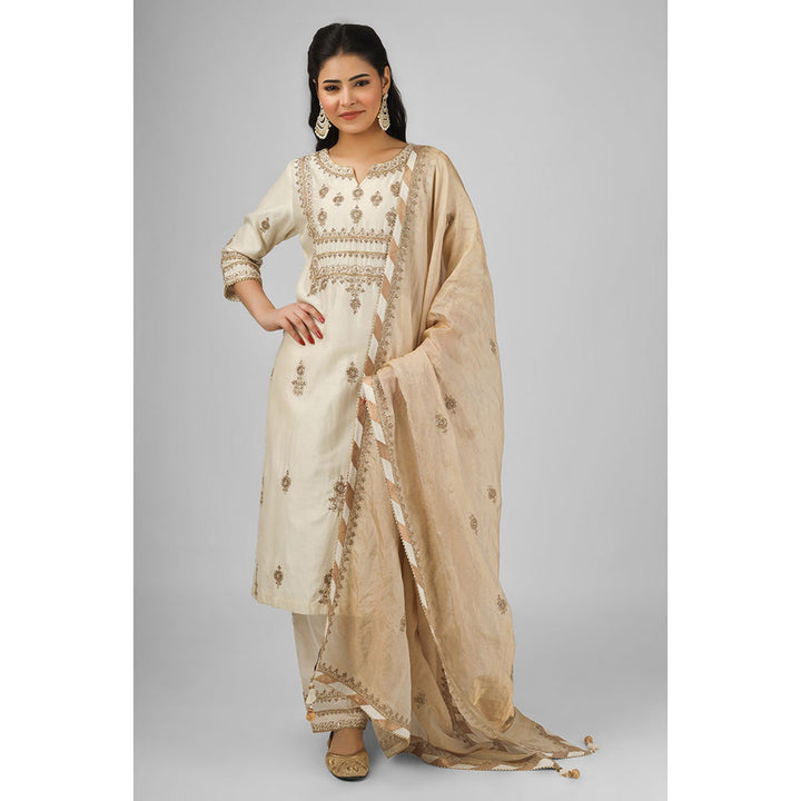 House of Supriya Off White Embroidered Silk Chanderi Kurta with Pant & Dupatta (Set of 3)