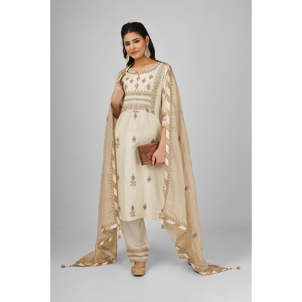 House of Supriya Off White Embroidered Silk Chanderi Kurta with Pant & Dupatta (Set of 3)