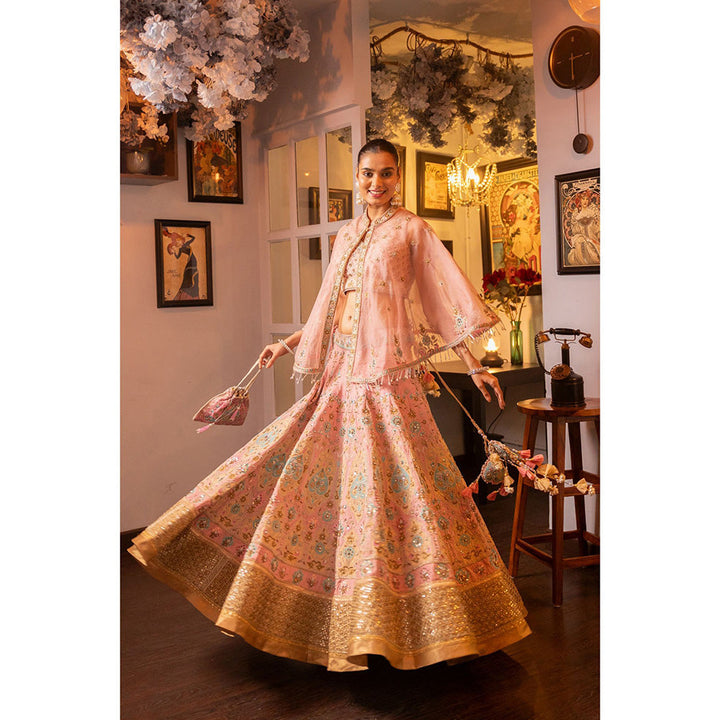 House of Supriya Pink Silk Georgette Lehenga with Cape & Stitched Blouse (Set of 3)