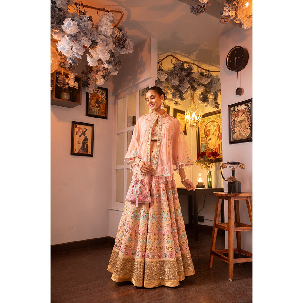 House of Supriya Pink Silk Georgette Lehenga with Cape & Stitched Blouse (Set of 3)