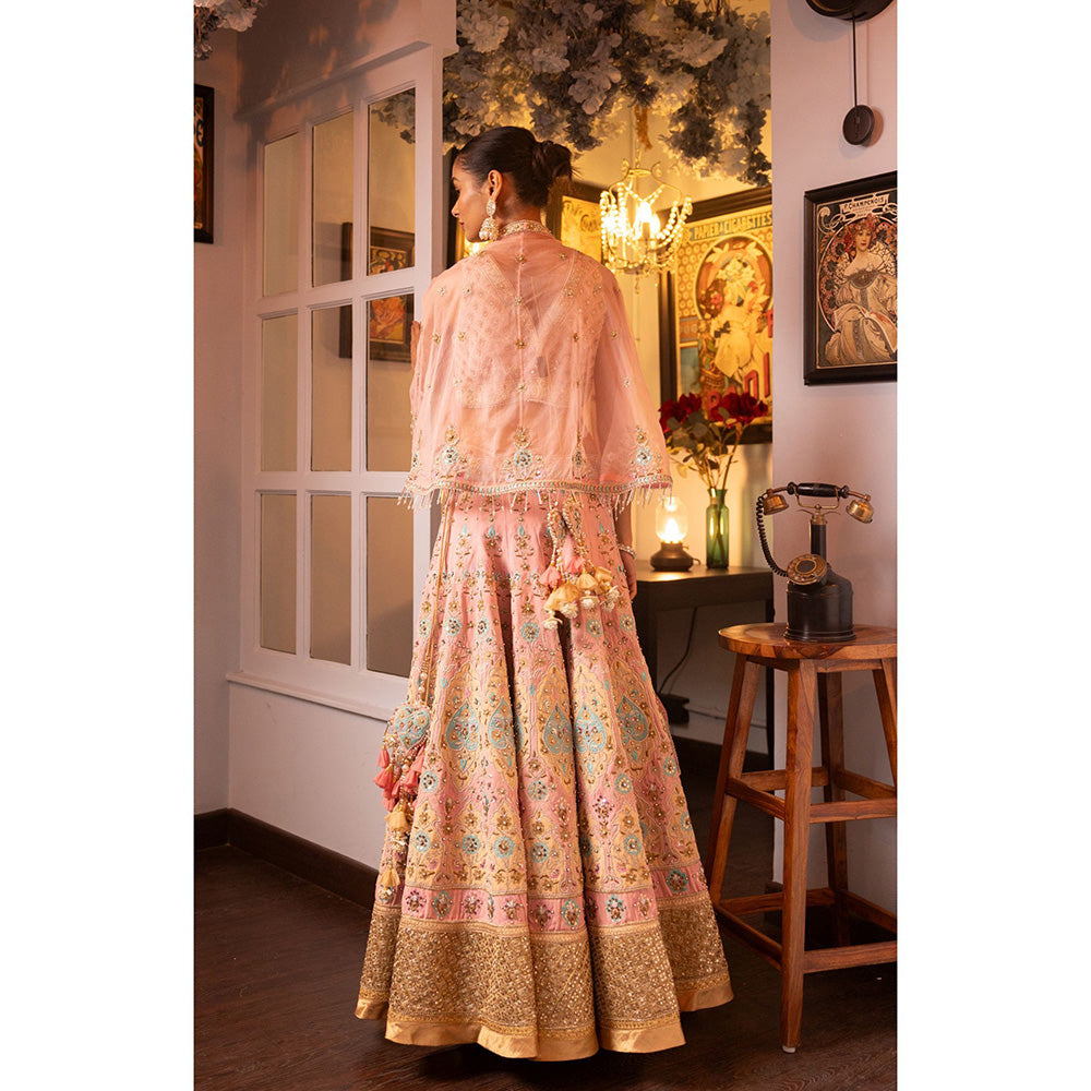 House of Supriya Pink Silk Georgette Lehenga with Cape & Stitched Blouse (Set of 3)