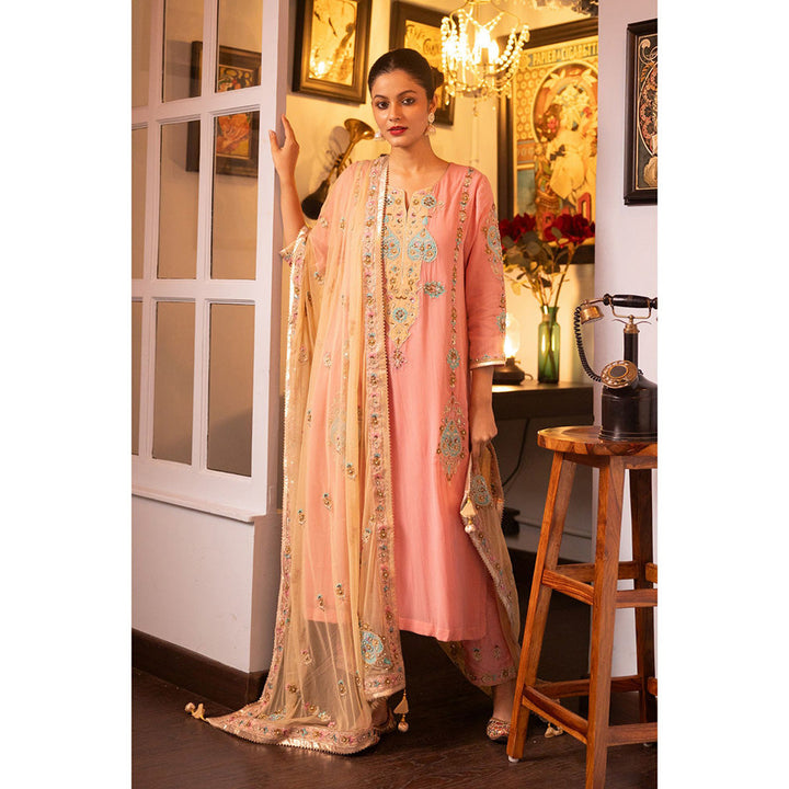 House of Supriya Pink Embroidered Silk Georgette Kurta with Pant & Dupatta (Set of 3)