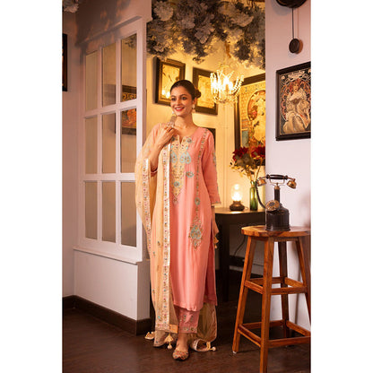 House of Supriya Pink Embroidered Silk Georgette Kurta with Pant & Dupatta (Set of 3)