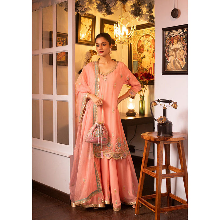 House of Supriya Pink Embroidered Silk Georgette Kurta & Sharara with Dupatta (Set of 3)