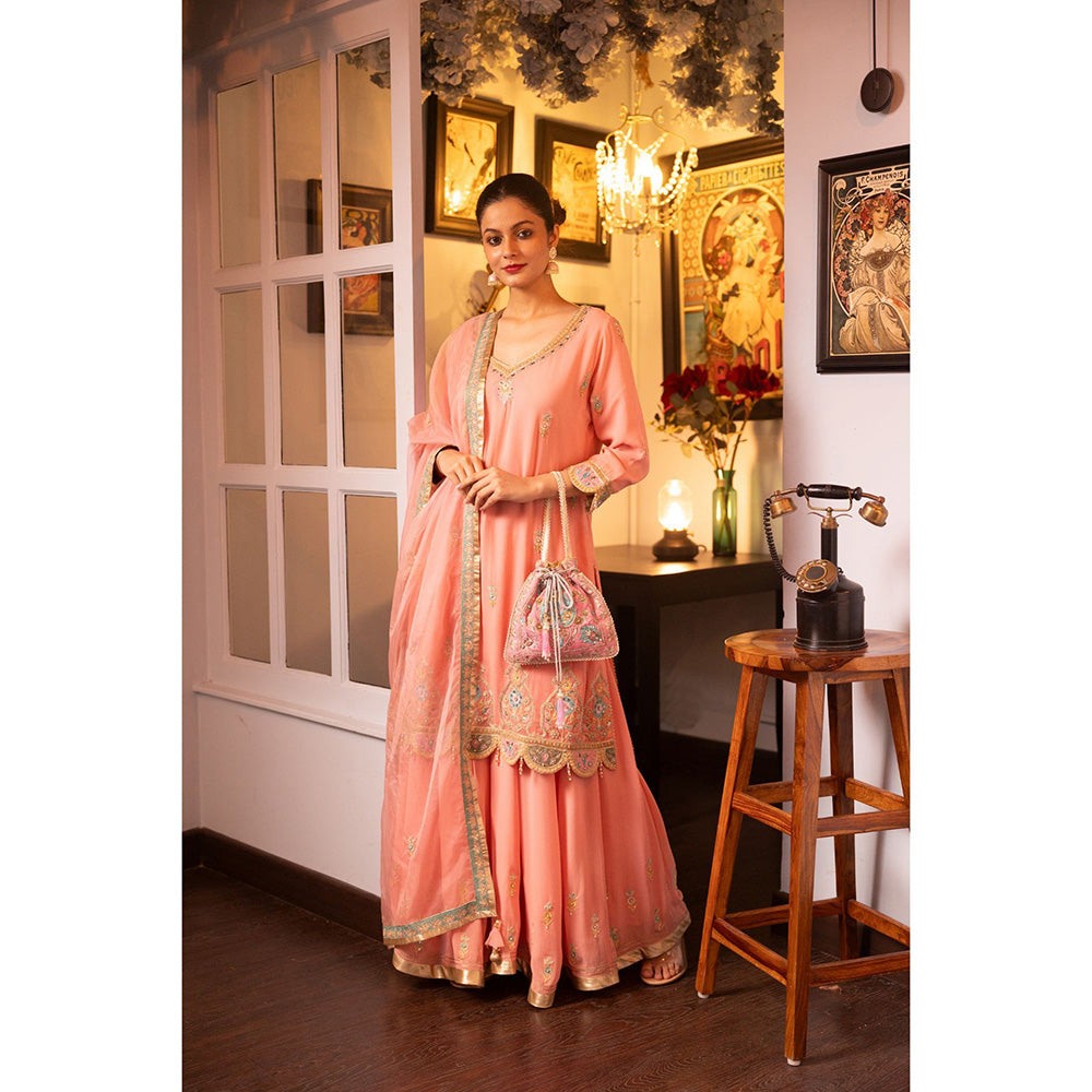 House of Supriya Pink Embroidered Silk Georgette Kurta & Sharara with Dupatta (Set of 3)