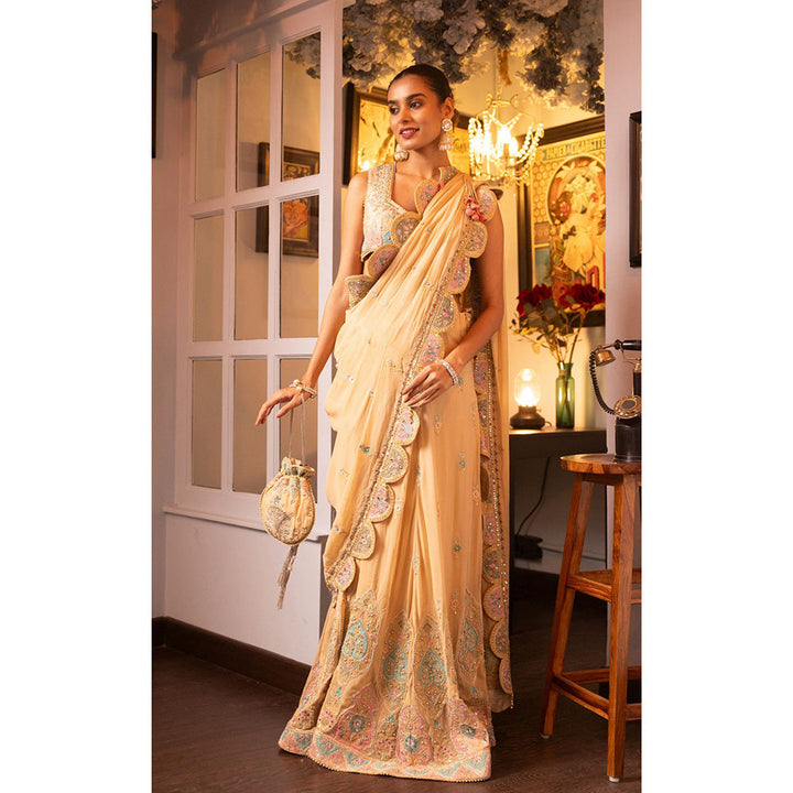 House of Supriya Beige Embroidered Silk Georgette Pre Drape Saree with Stitched Blouse