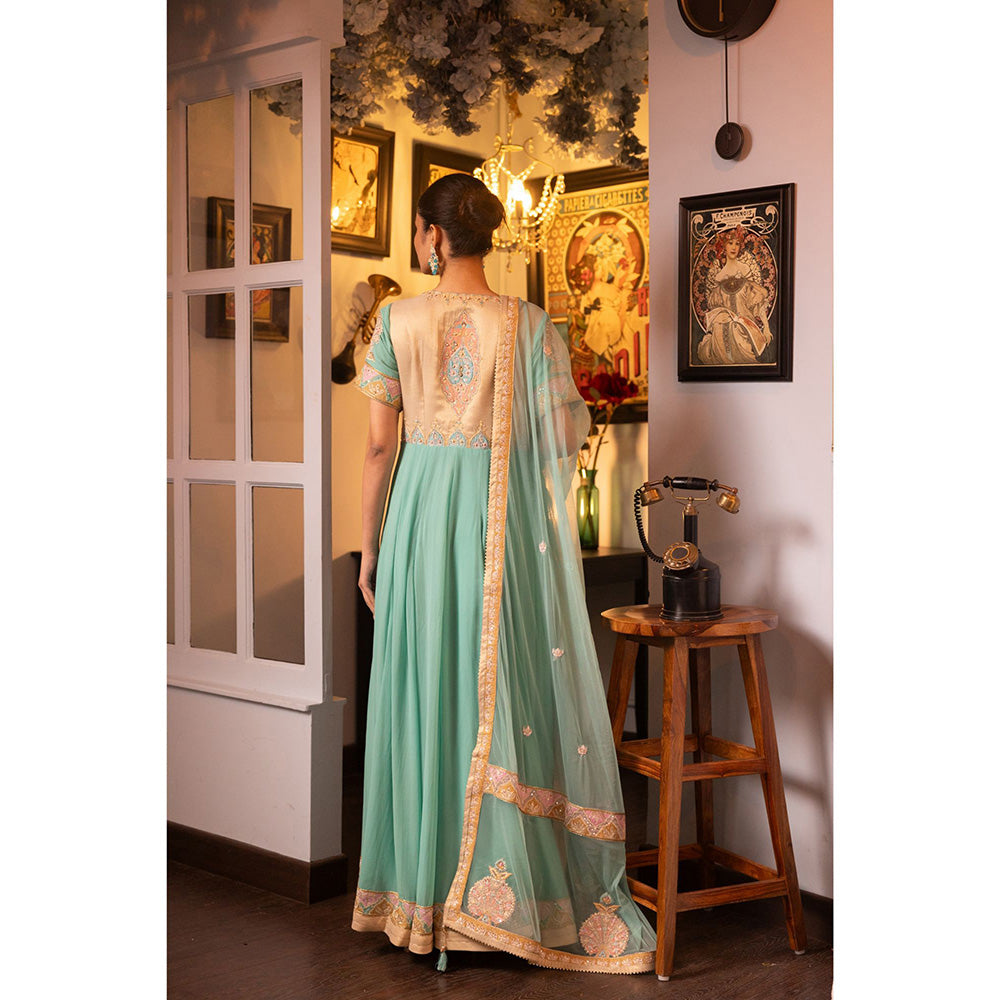 House of Supriya Turquoise Silk Georgette Anarkali Kurta with Pant & Dupatta (Set of 3)