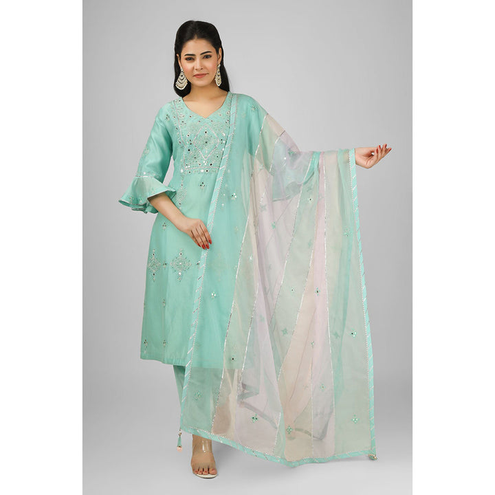 House of Supriya Sea Green Embroidered Silk Chanderi Kurta with Pant & Dupatta (Set of 3)