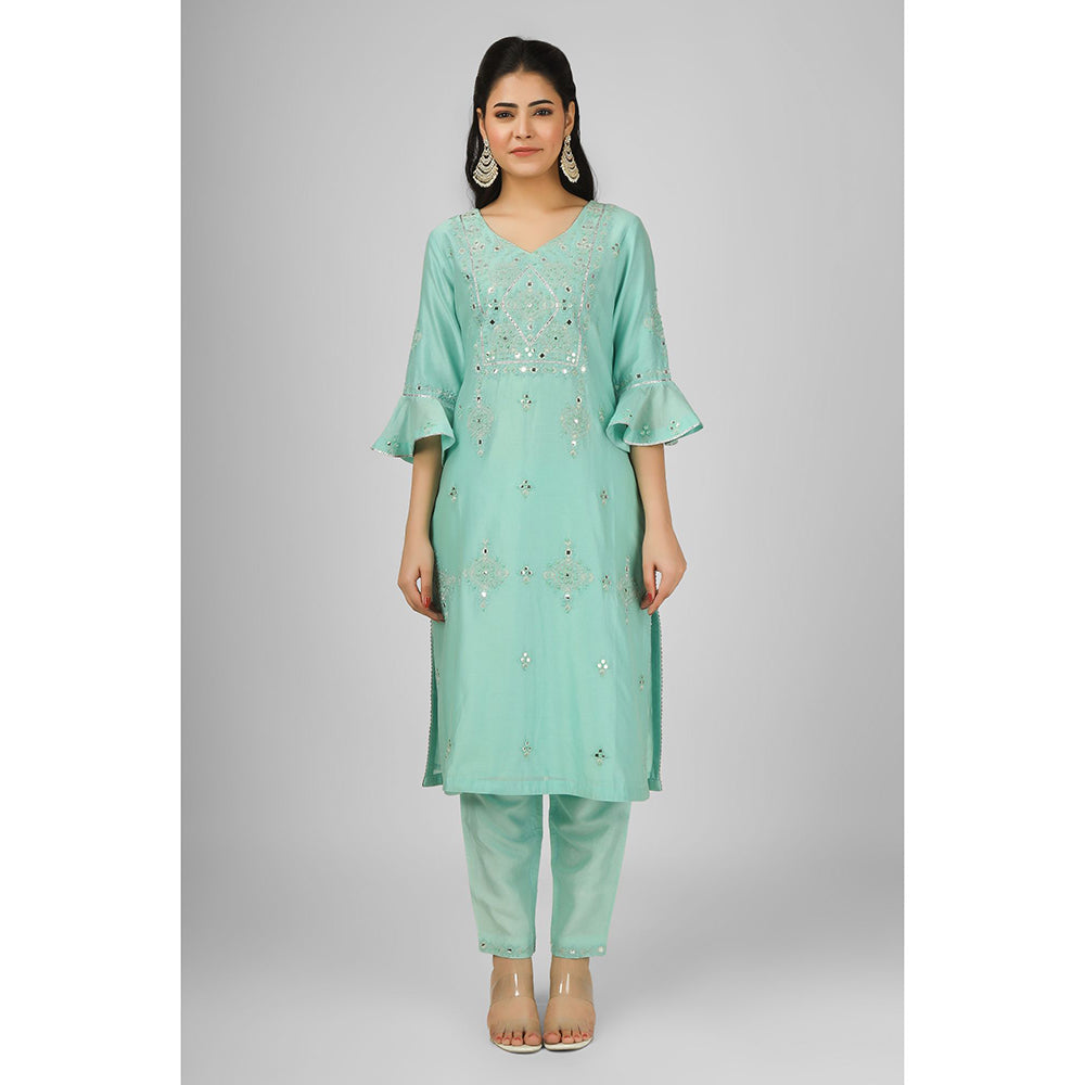 House of Supriya Sea Green Embroidered Silk Chanderi Kurta with Pant & Dupatta (Set of 3)