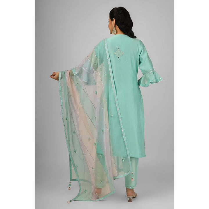 House of Supriya Sea Green Embroidered Silk Chanderi Kurta with Pant & Dupatta (Set of 3)