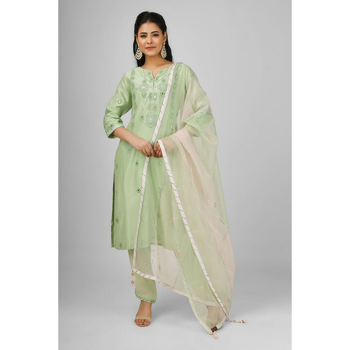 House of Supriya Lime Green Embroidered Silk Chanderi Kurta with Pant & Dupatta (Set of 3)