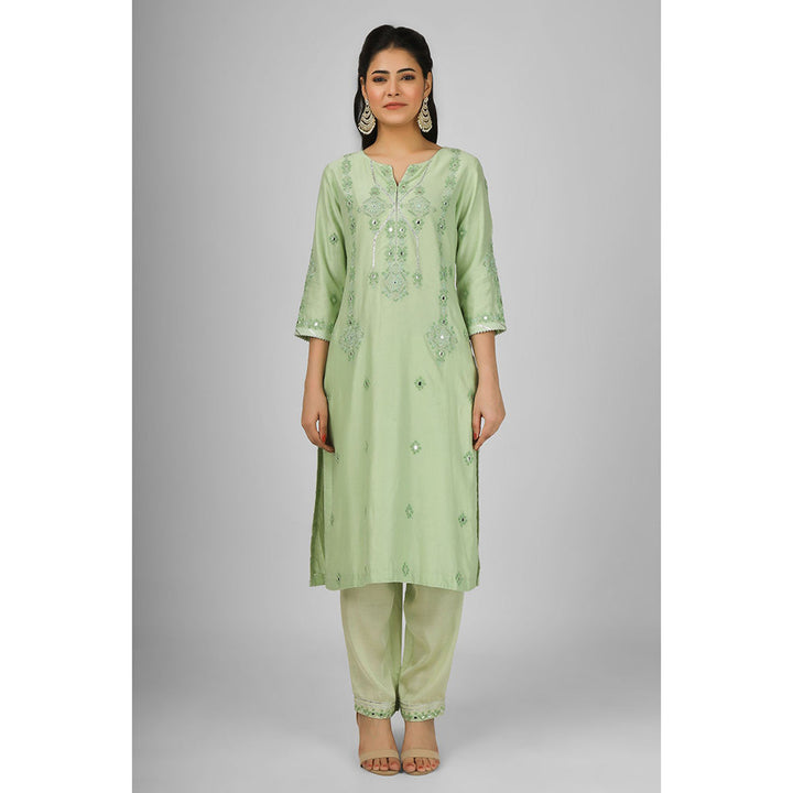 House of Supriya Lime Green Embroidered Silk Chanderi Kurta with Pant & Dupatta (Set of 3)